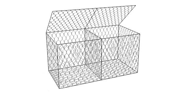 A galvanized gabion box on white background.