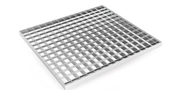 A galvanized steel grating on white background.