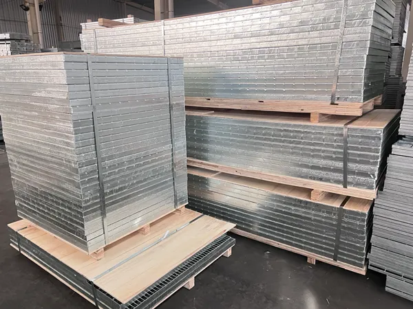 Packaged steel grating walkway panels.